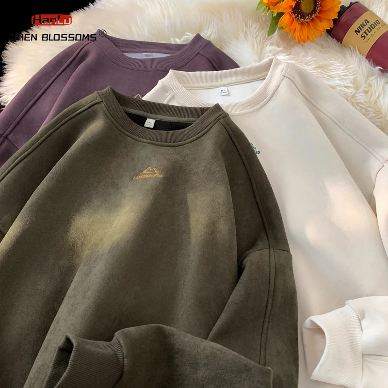 HANLU AutumnWinter Warm Suede Leather Sportswear Mens Wool ONeck Unisex Zipper Outdoor Fashion Wear 240823