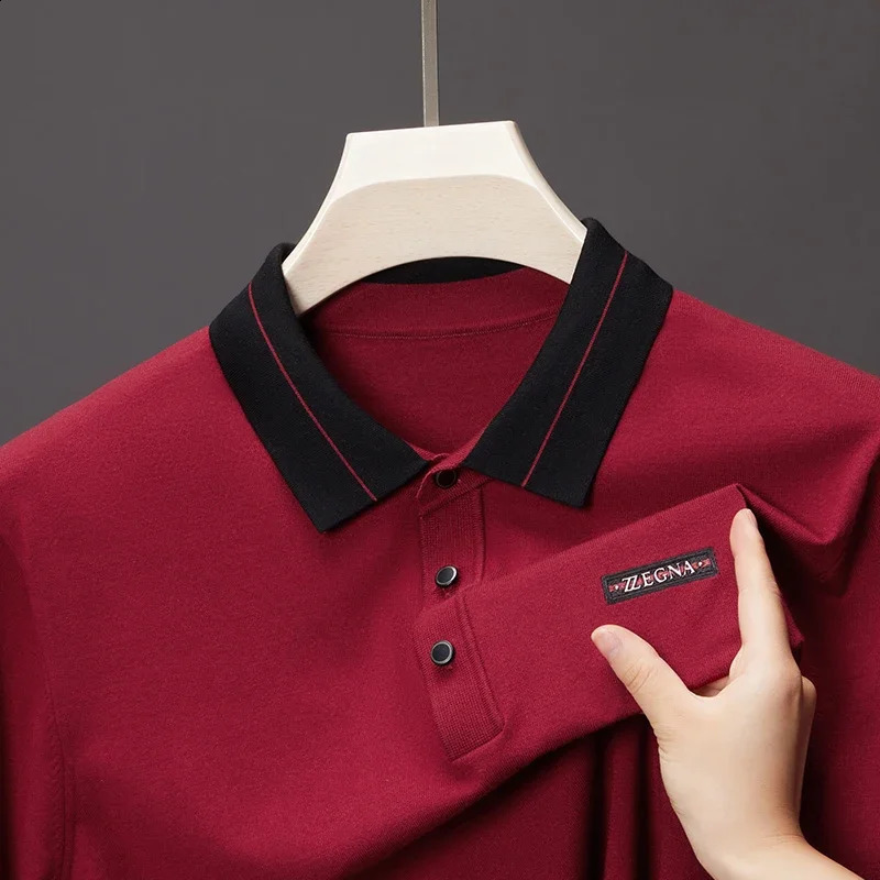 Spring and autumn retro contrast color lapel T-shirt mens business casual long-sleeved all-match polo shirt 240824