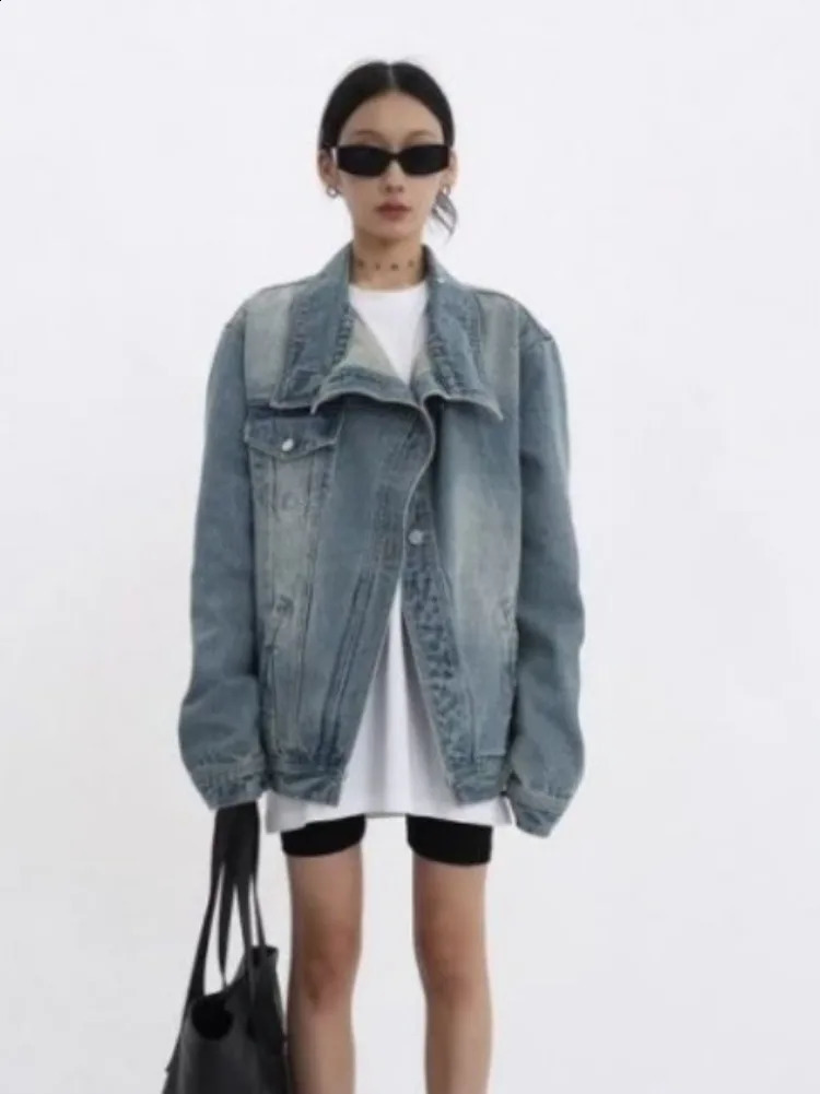 Womens Denim Coat Turtleneck Single Breasted Full Sleeve Patchwork Versatile Jacke Fashion Autumn Streetwear Denim Overcoat 240823