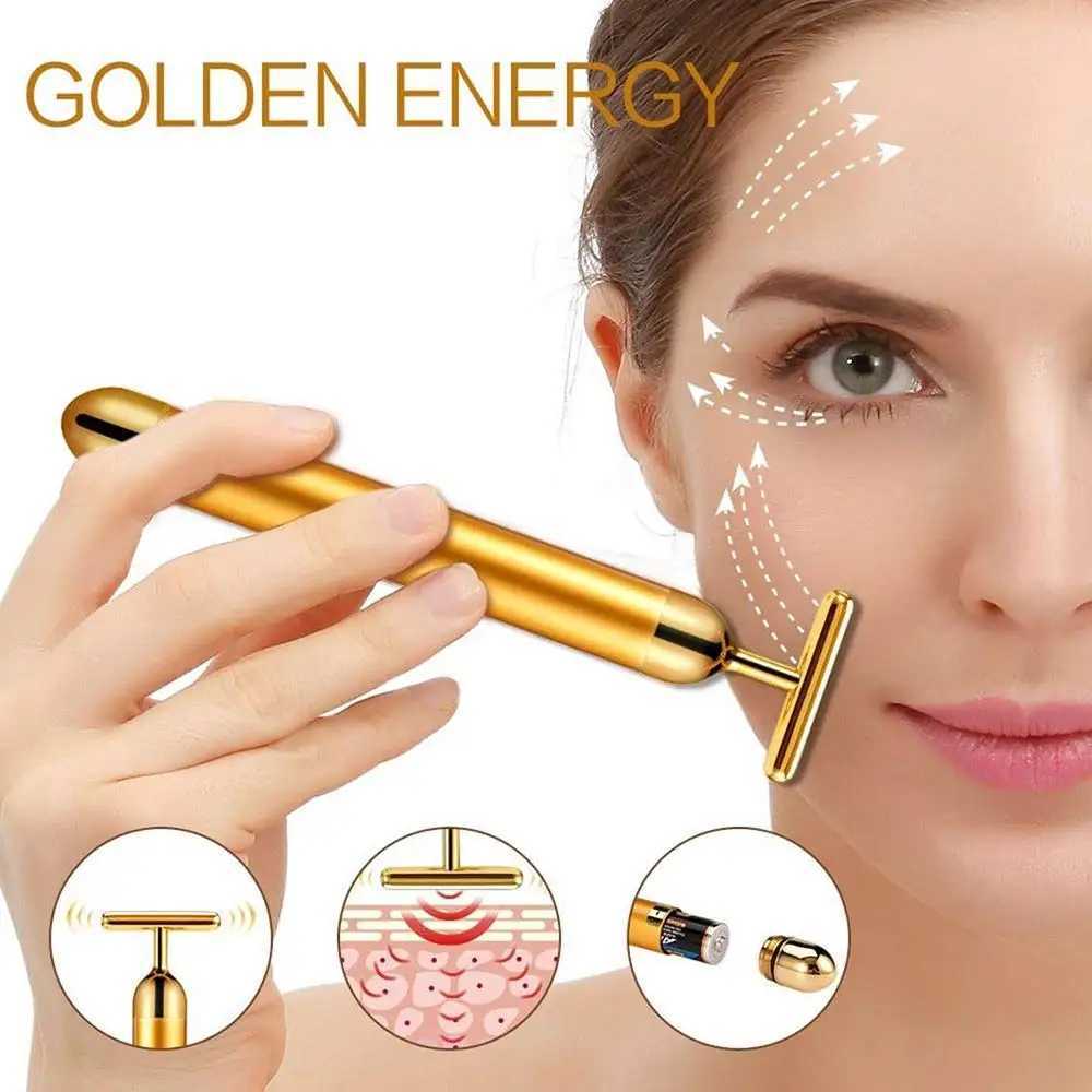 24k Gold Face Lift Bar Roller Vibration Slimming Massager Facial Stick Facial Beauty Skin Care T Shaped Vibrating Tool with Bag CL240824