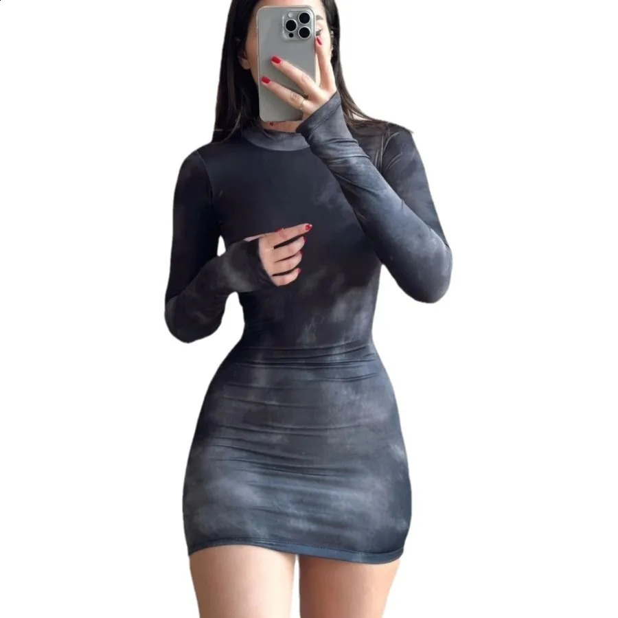 Spring Female Turtleneck Dress Long Sleeve Fashion Printing Slim Hips Young Lady Sexy Skinny Dress Womens Tie-dyed Dresses 240823