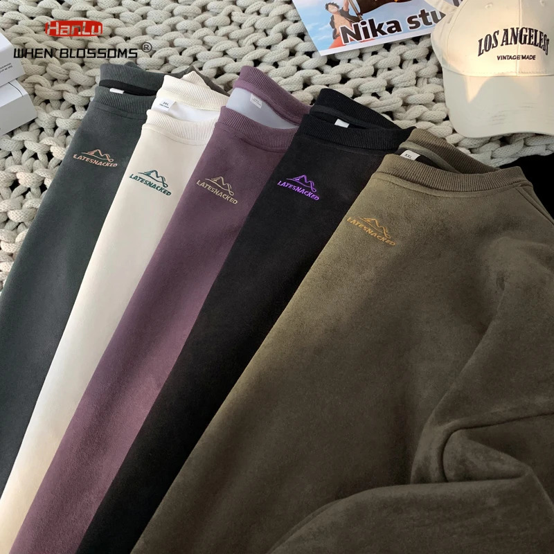 HANLU AutumnWinter Warm Suede Leather Sportswear Mens Wool ONeck Unisex Zipper Outdoor Fashion Wear 240823