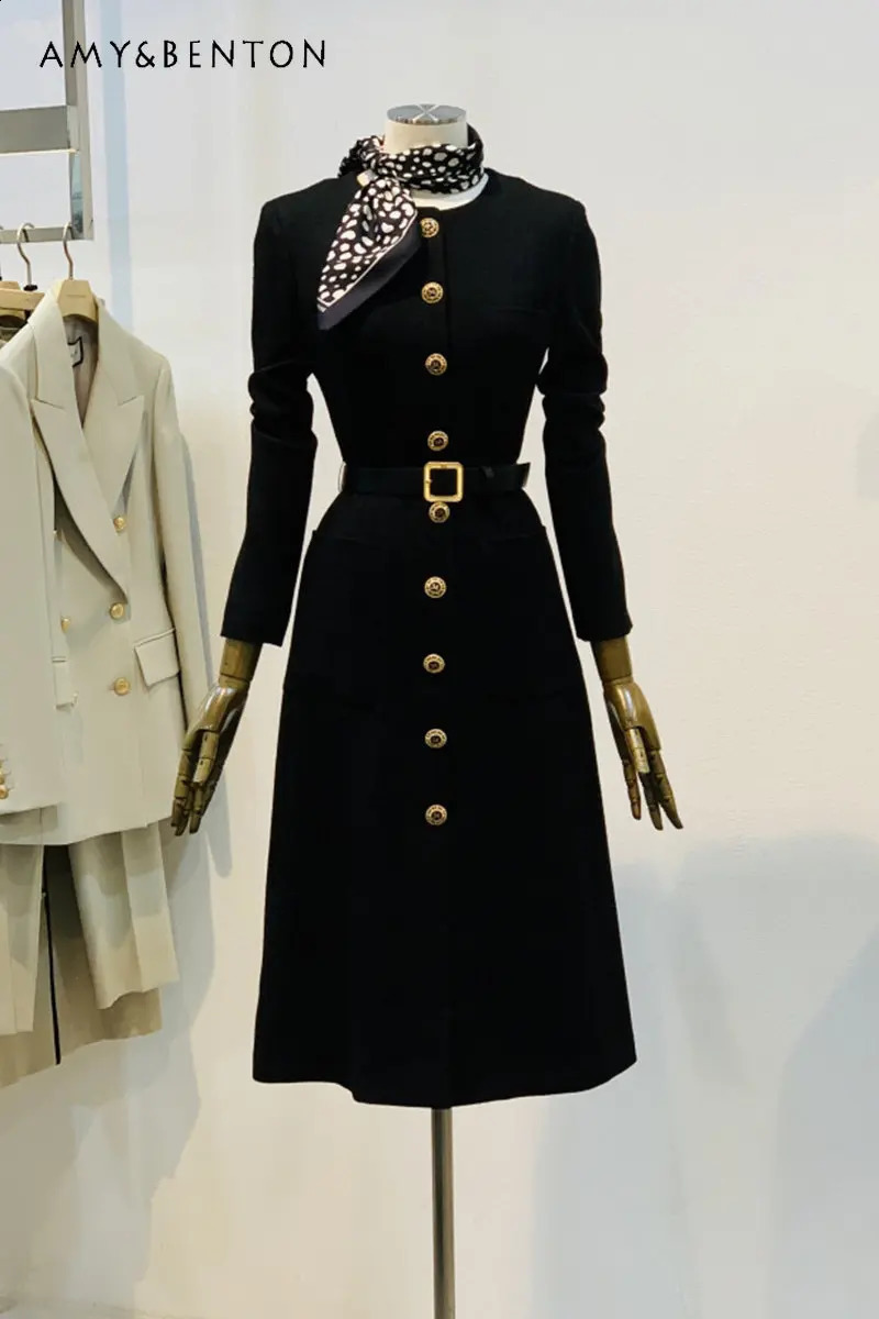 Autumn Winter Female Elegant Single-Breasted Mid-Length Tweed Dress Womens Lace-up Long Sleeve Waist-Slimming Dress 240824