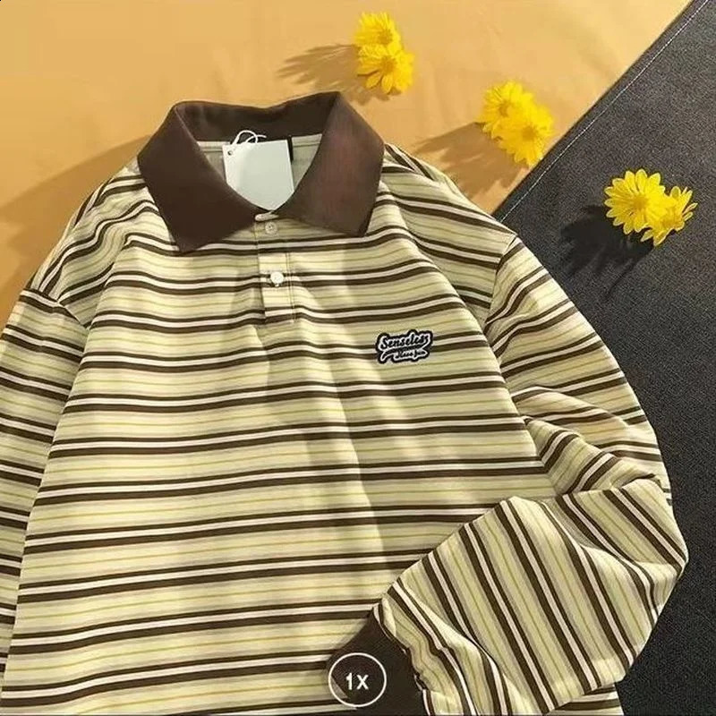 Striped long-sleeved polo shirt spring autumn vibe vintag blouse student Korean Preppy sweat men women lapel 240824