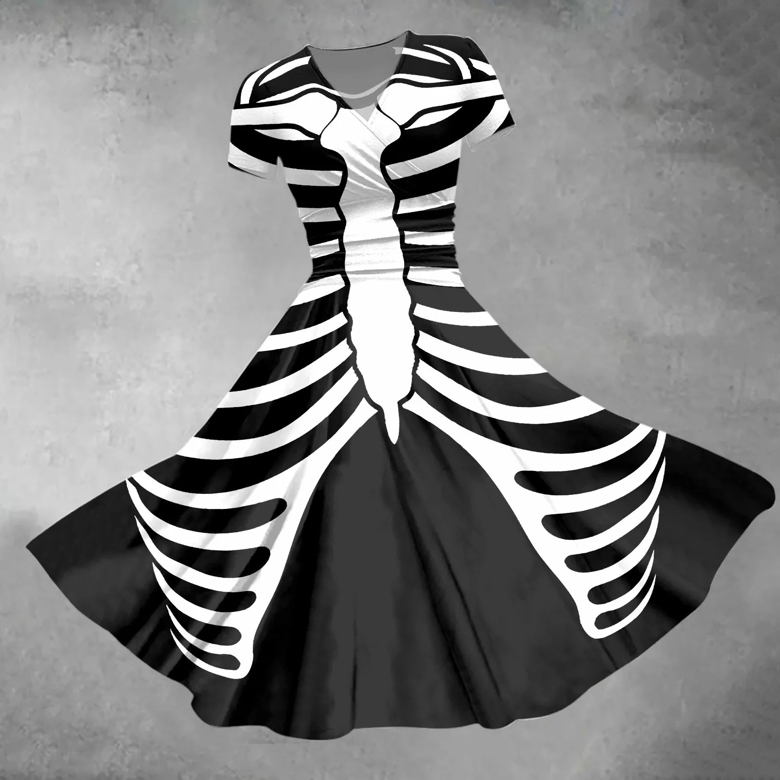 Womens Halloween dress with horror theme skull print Vneck unique short sleeved long skirt and large swing Aline costume w240824