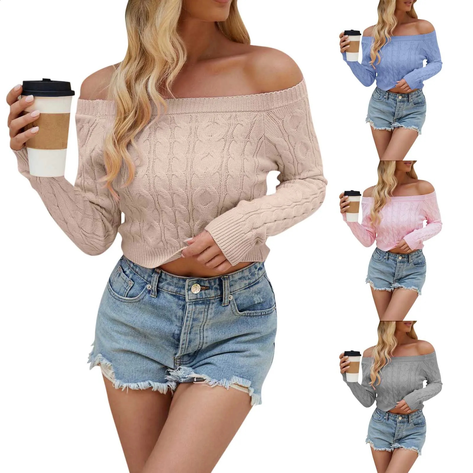 Off-Shoulder Fashion Knit Sweater Pullover For Women Slim Elegant High Street Loose Patchwork Camisola Ladies Knitwear Top 240824