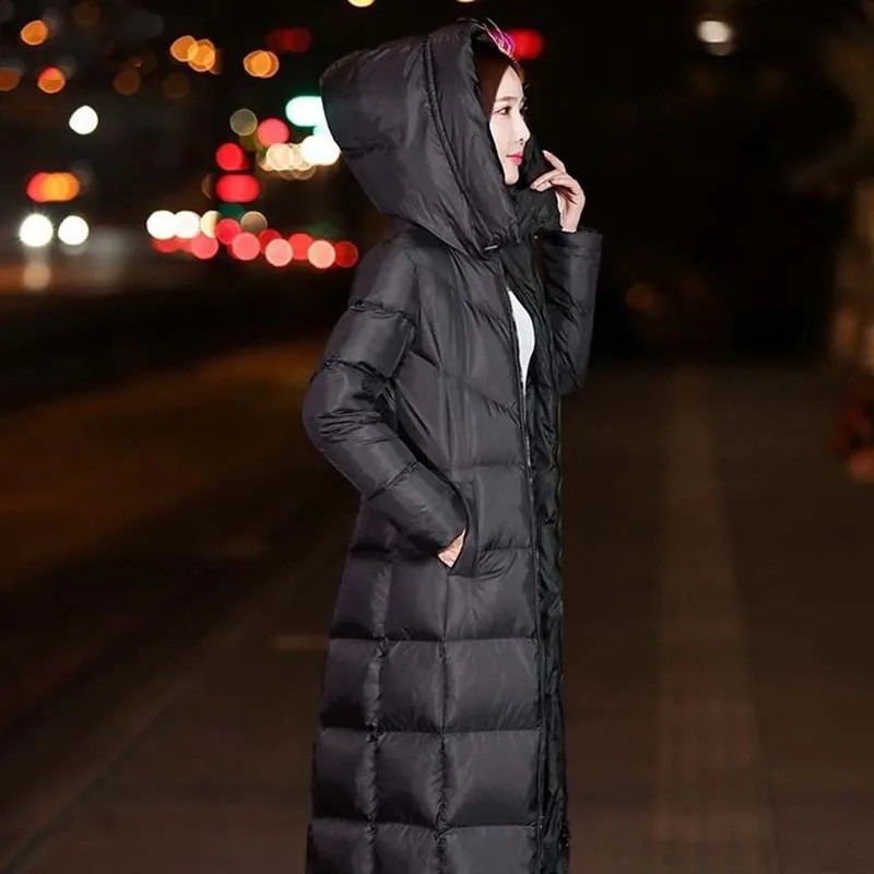 Long cotton jacket black womens winter puff elegant hooded retro streetwear thick warm and casual park 240823