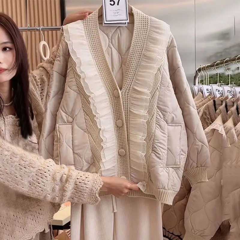 Women's Down Parkas KUSAHIKI Causal Parka Patchwork Sweater Women Autumn Winter Korean Knitted Cardigan Parka Coat 2023 New Cardigan Outwear Tops