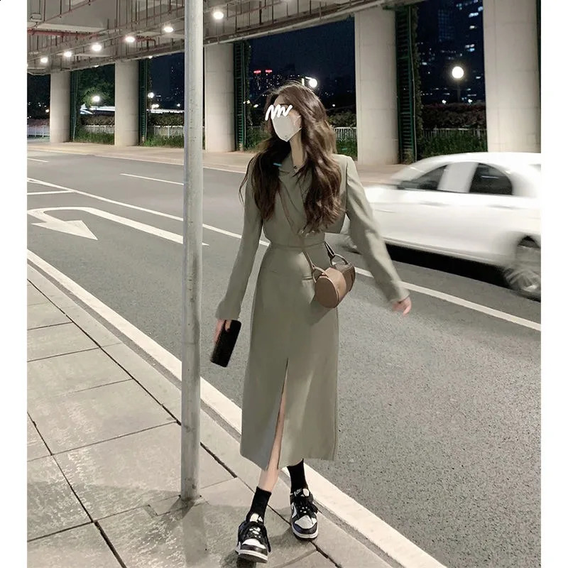 Two Pieces Fashion Suits For Women Long Sleeve V Neck Coat Splits High Waist Long Skirt Solid Color Streetwear Women Suits 240823