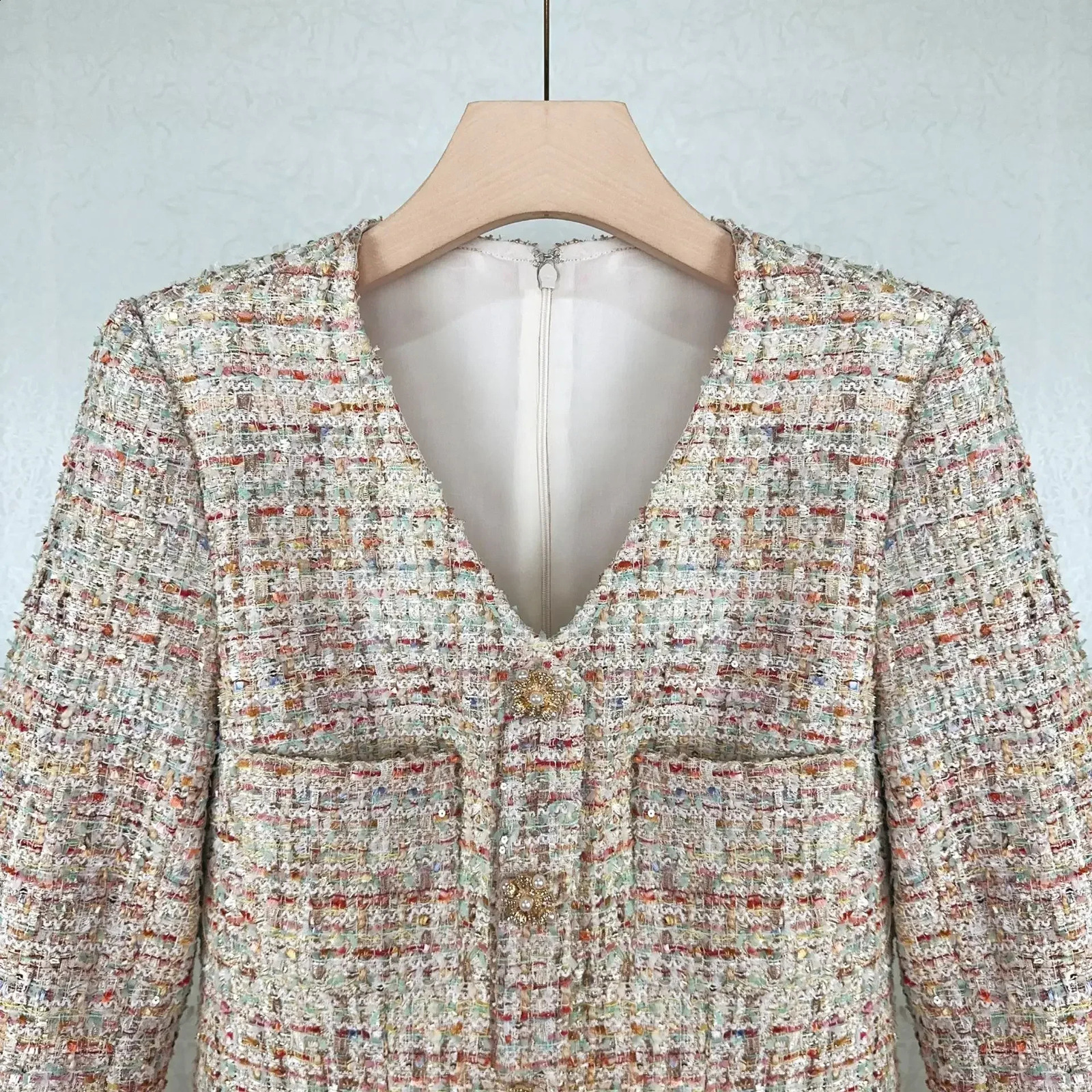 Women Early Fall Tweed Blended V-Neck Long Sleeve Ruffle Dress 240824