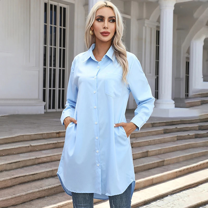 Women European and American solid color lapels loose casual fashion temperament commuting versatile long-sleeved shirt white L 240823