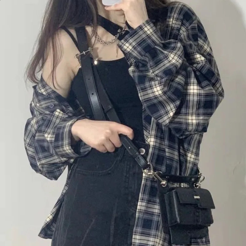 Deeptown Y2k Long Sleeve Plaid Shirts Vintage Woman Korean Style Blouses Japanese Harajuku Fashion Oversized Outerwears Summer 240823