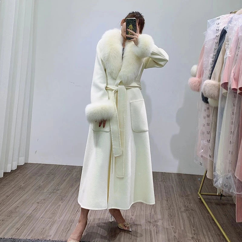 2024 Real Fur Coat Winter Jacket Womens Natural Fox Fur Collar Cuff Long Wool Blended Womens Warm Thick Coat 240824