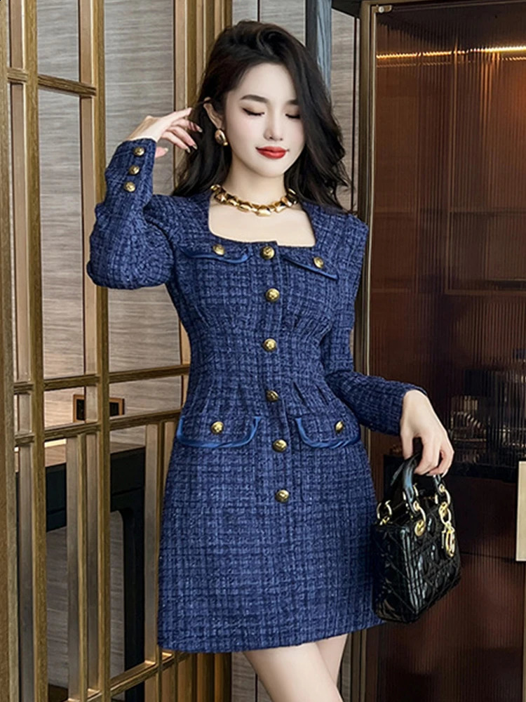 Quality Retro Short Dress for Women Elegant Blue Tweed Bright Silk Single Breasted Long Sleeve Mini Gown Office Street Vestidos 240824