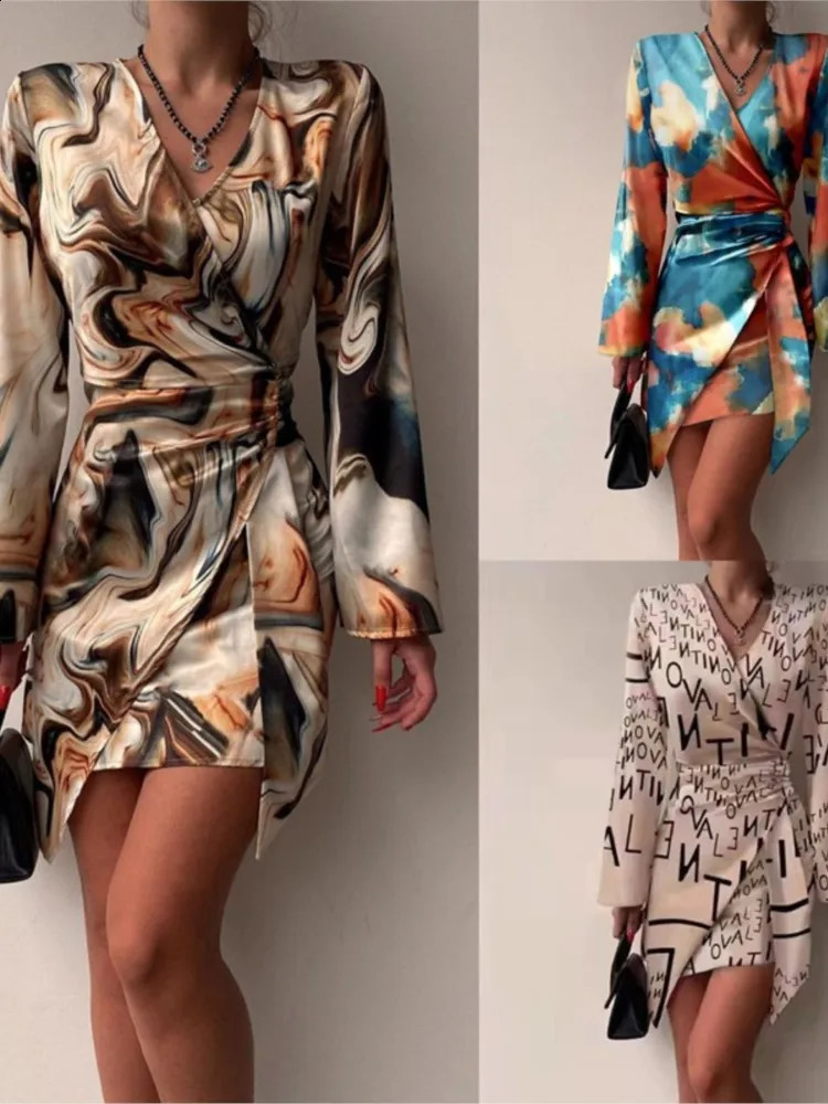 Womens Autumn Long Sleeved Fashionable Printed Pleated Dress Sexy V-neck Irregular Casual Short Dress For Women 240823