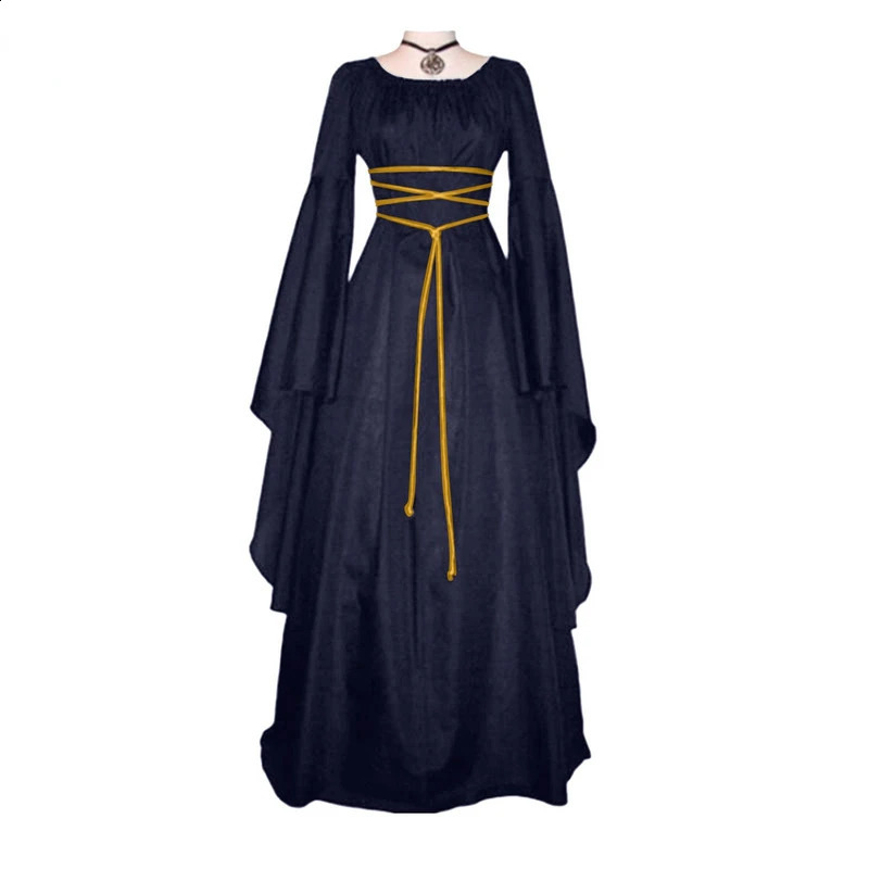 Medieval Retro Gothic Womens Long Dress Black Halloween Carnival Role Playing Costume w240824