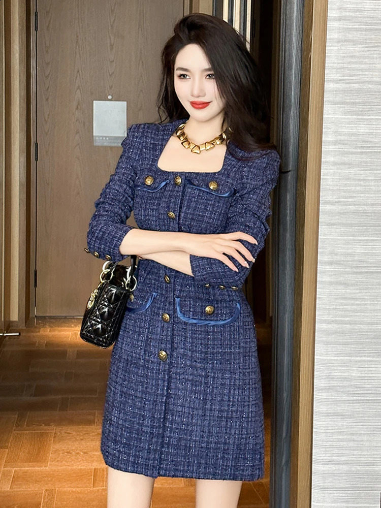 Quality Retro Short Dress for Women Elegant Blue Tweed Bright Silk Single Breasted Long Sleeve Mini Gown Office Street Vestidos 240824