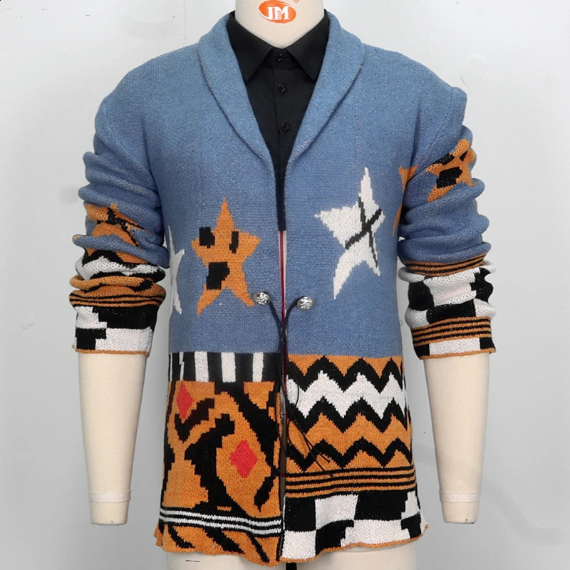 Mens casual sweater jacket autumn and winter jacquard knitted collar medium to long cardigan 240824
