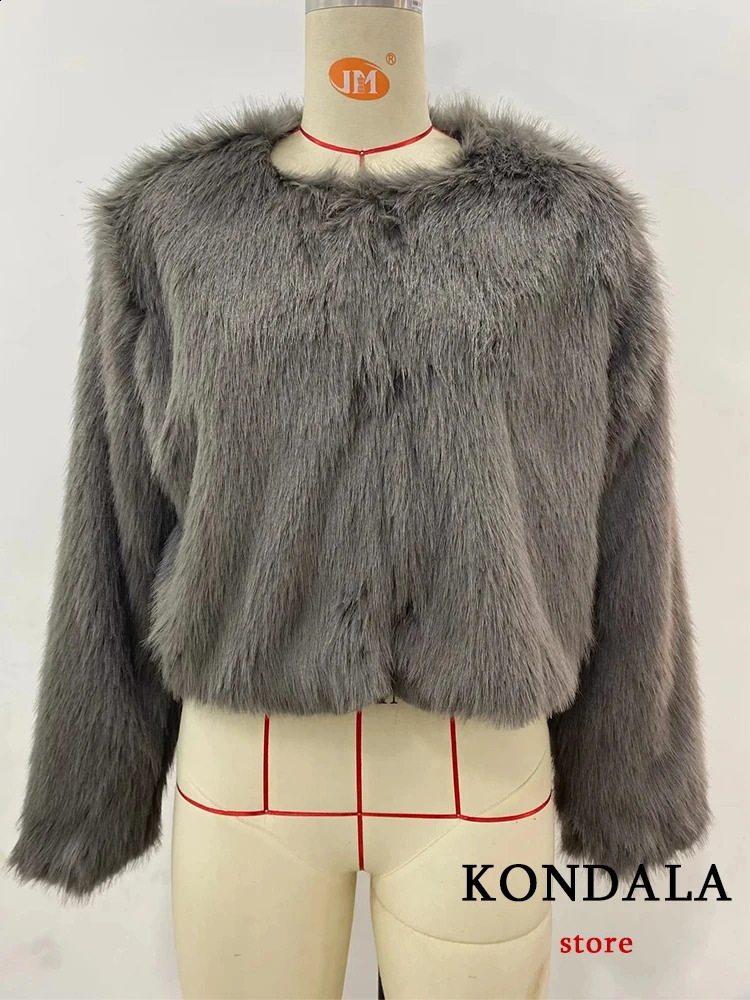 Kondala Retro Grey Faux Fur Jacket Womens Oneck Button Long Sleeve Fashion Elegant Thick Coat 240824