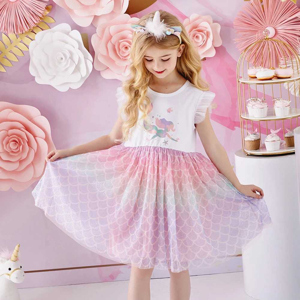 DXTON Summer Childrens Dress Girl Mermaid Pattern Printed Flying Sleeve Childrens Party Princess Dress Girl Casual Clothing W240823