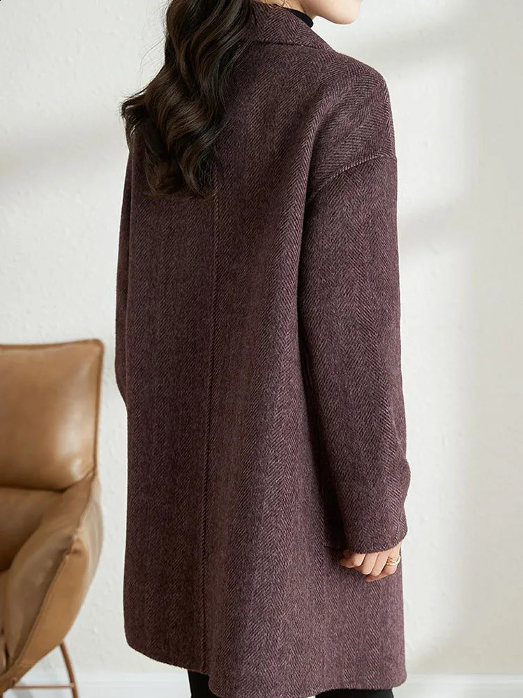 Elegant lapel loose wool jacket top womens casual long sleeved blend blue Korean fashion solid medium length Abrigos 240823
