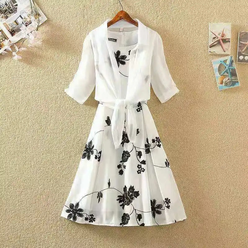 Set summer retro print small black skirt high waist sleeveless slim fashion A-line skirt two-piece dress 240823