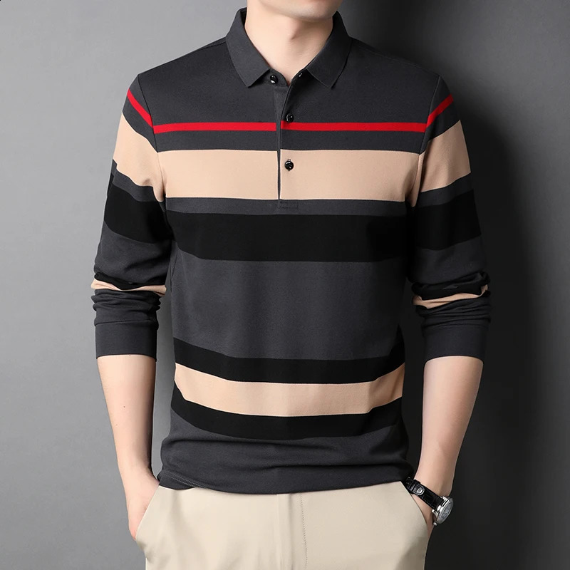 Long sleeved 100% pure cotton green mens polo shirt highquality spring and summer business casual striped top 3xl 240823