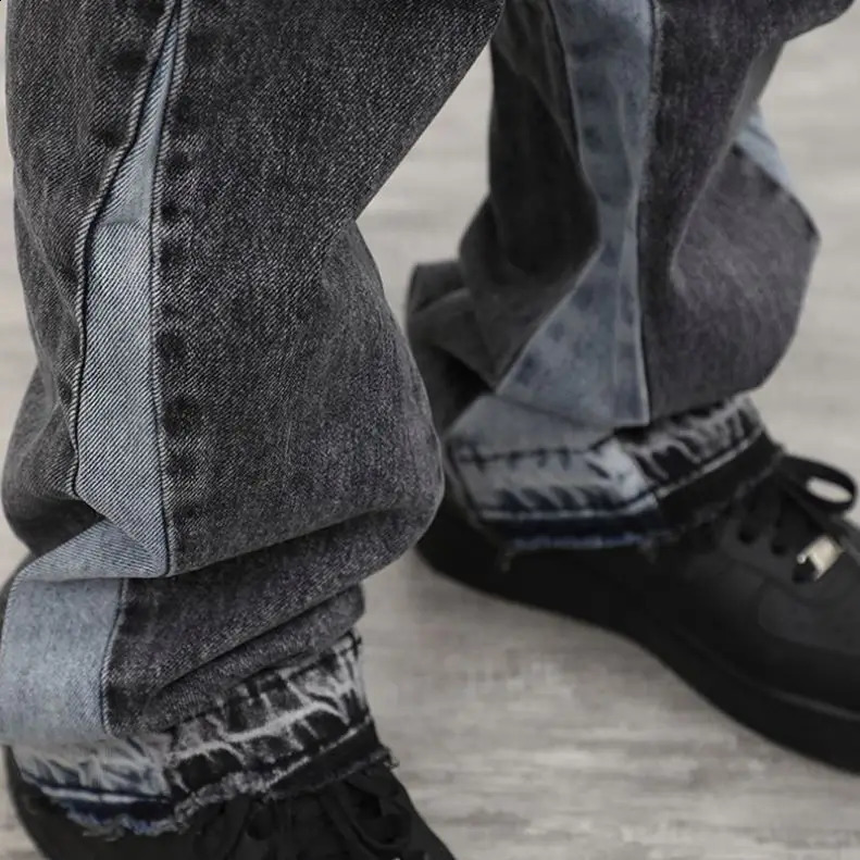 High quality mens jeans casual black and gray patch work retro washed jeans Trouser mens custom Flares denim jeans 240823