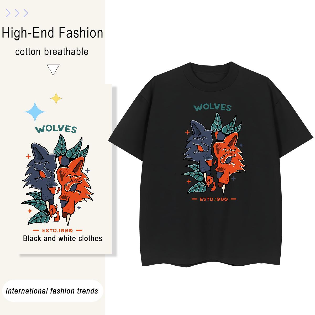2024 Summer Men Tshirts wolf Spring Summer 100% Cotton 230g Clothings Crew Neck Breathable Loose Fit T shirt Plus Size Cartoon