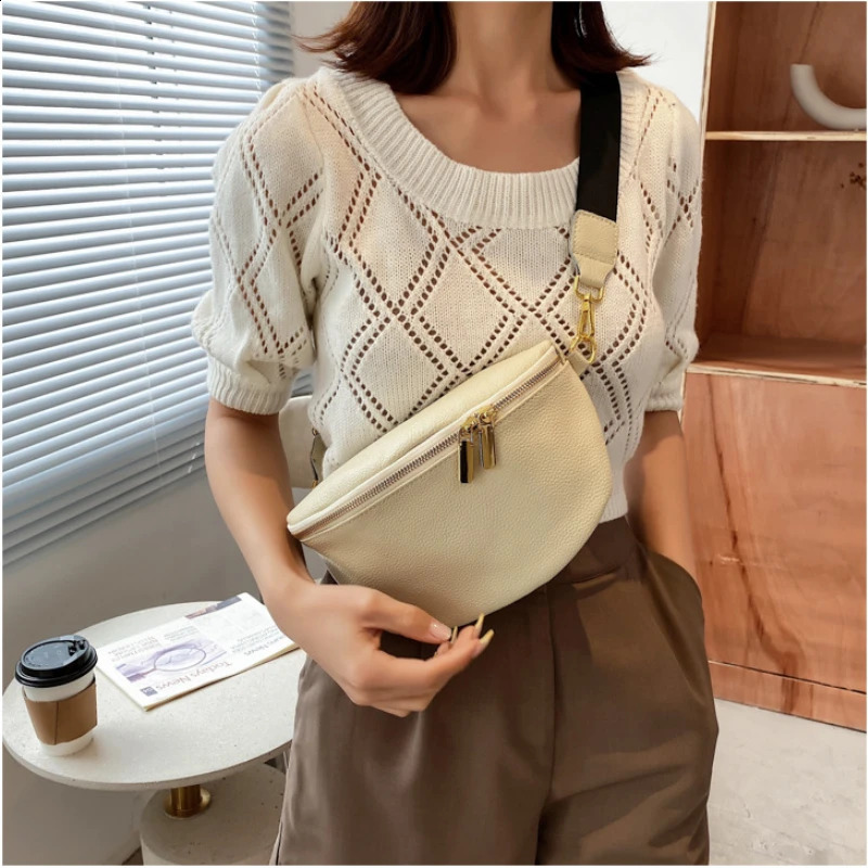 Vintage Fanny Pack Woman Banana Waist Bag Wide Shoulder Strap Crossbody Chest Bag Soft Leather Sac Banane Femme 240823