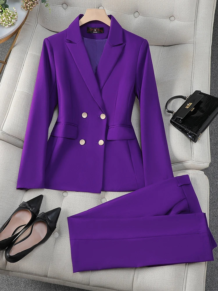 Fashion M8XL Office Womens Formal Pants Set Grey Purple Work Clothes 2piece Jacket and Trouser 240823