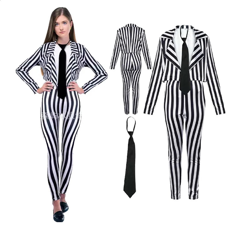 Wholesale Halloween horror Scray roleplaying set with black and white vertical stripes stage costumes adult womens fantasy 240823