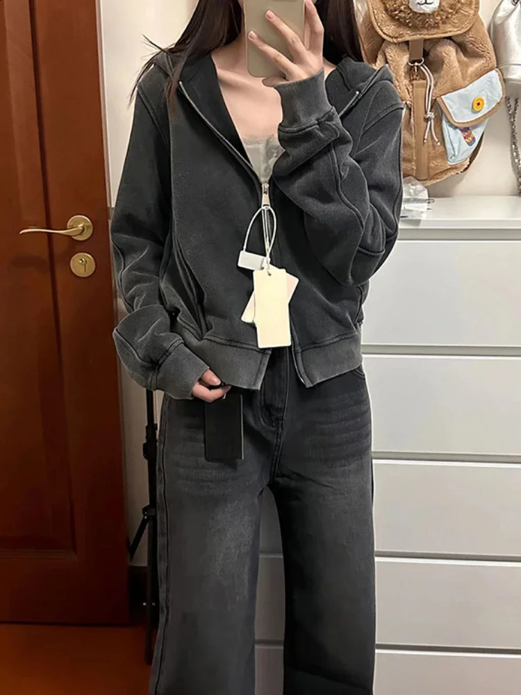 Grunge Solid Y2k Aesthetic Hoodies Harajuku Vintage Double Zipper Jacket Autumn Fashion Cropped Sweatshirt Japanese Streetwear 240824
