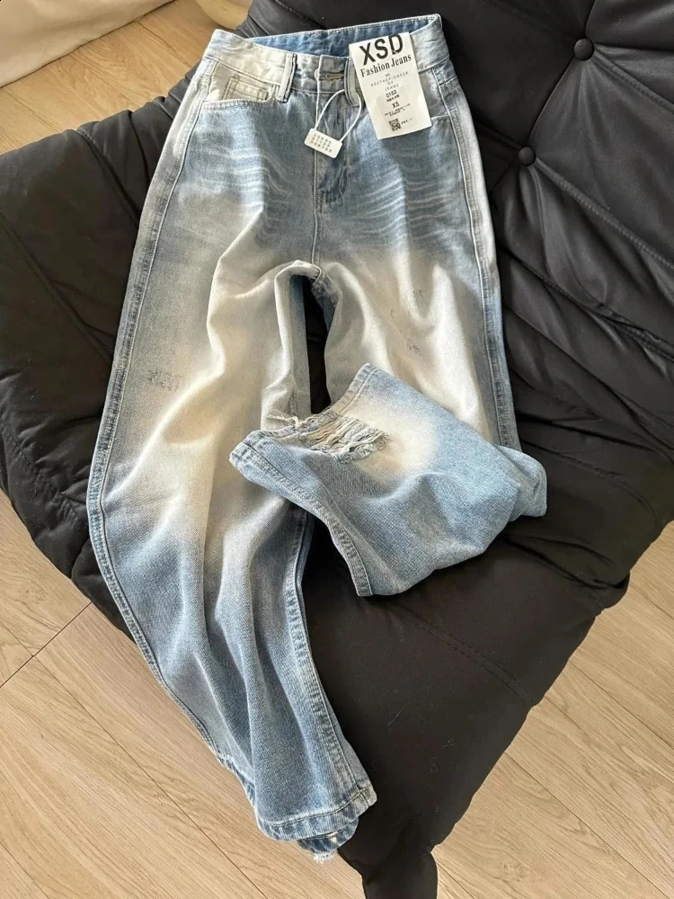 HOUZHOU Casual Loose Vintage Jeans Women Streetwear Y2k Wide Leg Pants Denim Blue High Waist Office Lady Baggy Trousers 240823