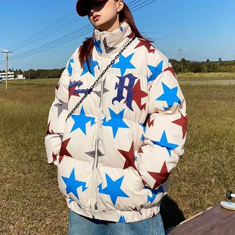 Women's Down Parkas American style retro star shaped thick cotton pad park clothing fashionable loose couple jacket mens Y2K clothing Y240824DX2B