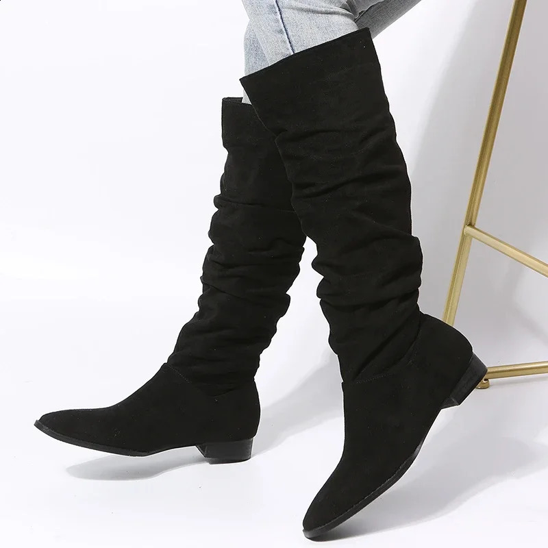 JF Fashion Wrinkled Womens Knee High Boots Low Boots Womens Dot Toe Knight Boots High Quality Long Boots 240823