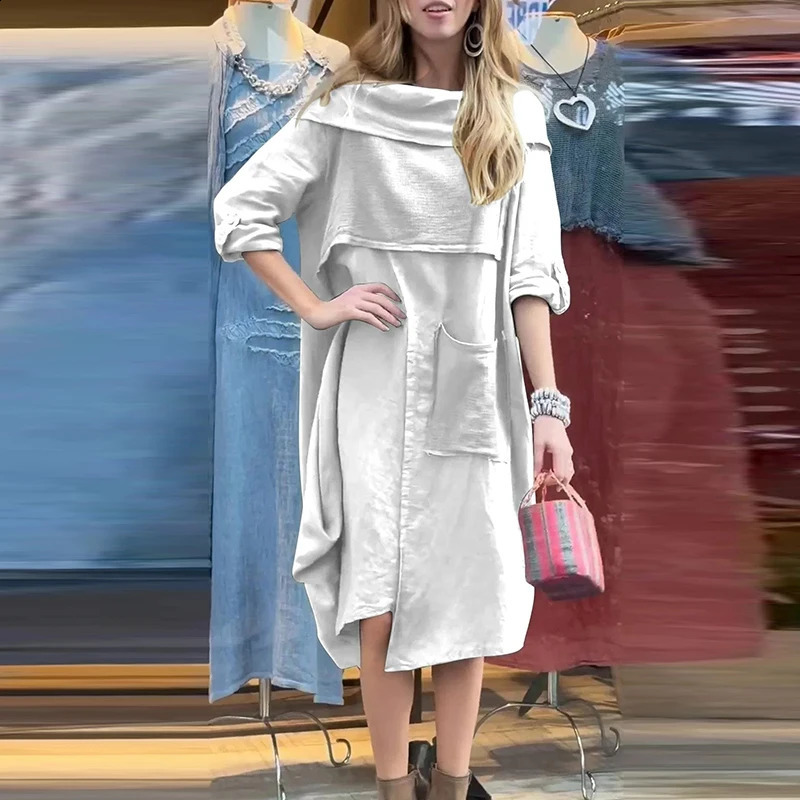 Retro Casual Large Pocket Cotton Linen Dresses Women Fall Scarf Collar Solid Long Dress Winter Long Sleeve Female Pullover Dress 240824