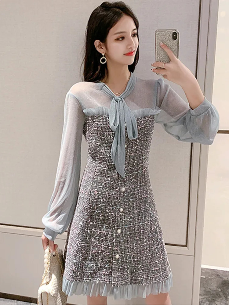HMA Autumn And Winter Sexy See-Through Mesh Tweed Dress Ribbon Bow Single-Breasted Long Sleeve Chic Woolen Dresses 240824