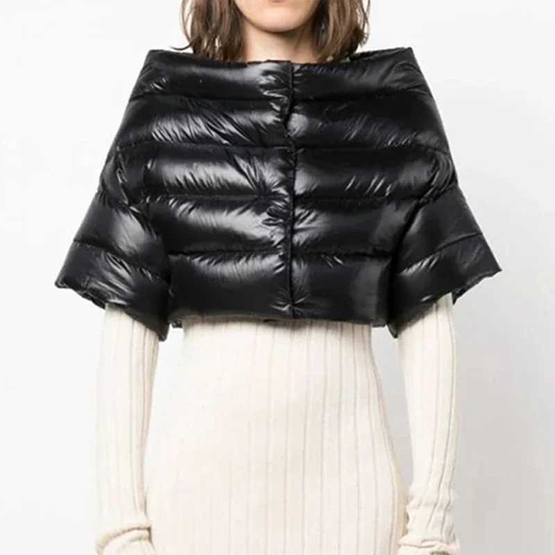 Women's Down Parkas Womens shiny black shoulder crop inflatable jacket high waist heating bubble jacket single chest short Slve slim park Y240824