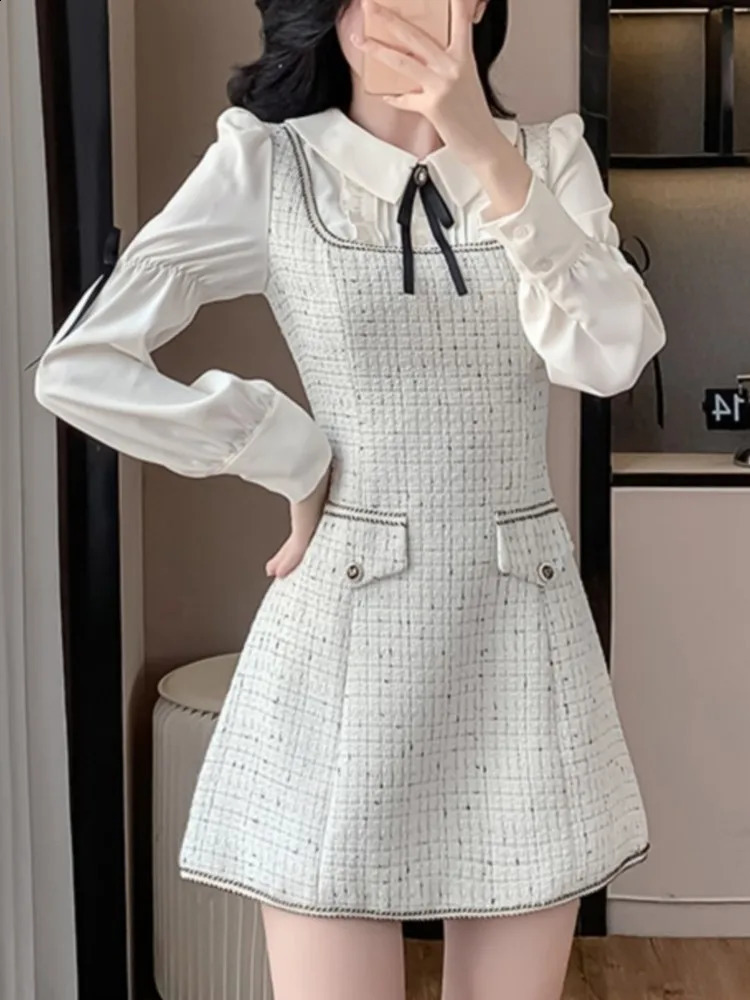 Elegant Patchwork Short Dresses for Women Vintage Long Sleeve Tweed Birthday Party Evening Dresses Korean Autumn Female Vestidos 240824