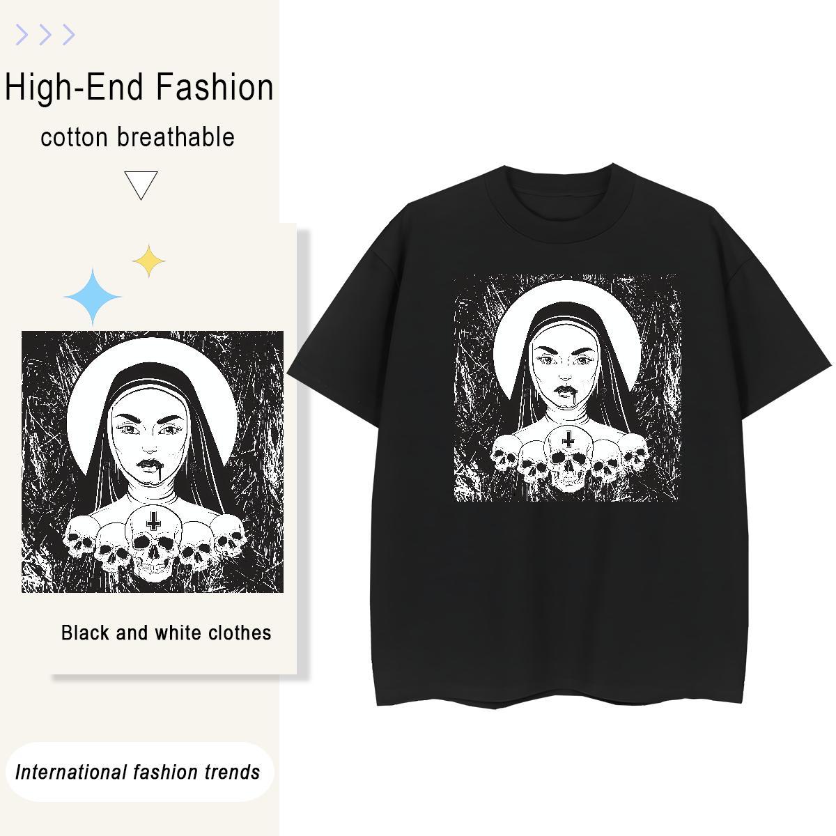 Unisex Women Tees 100% Cotton 230g nun Street Casual T shirt Breathable Short Sleeve Cartoon Print Tees Shirts