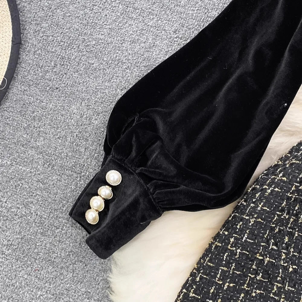 Vintage Black Velvet Dress Women Spring Autumn Long Sleeve Patchwork Tweed Mini Dress Party Dress Vestidos 240824