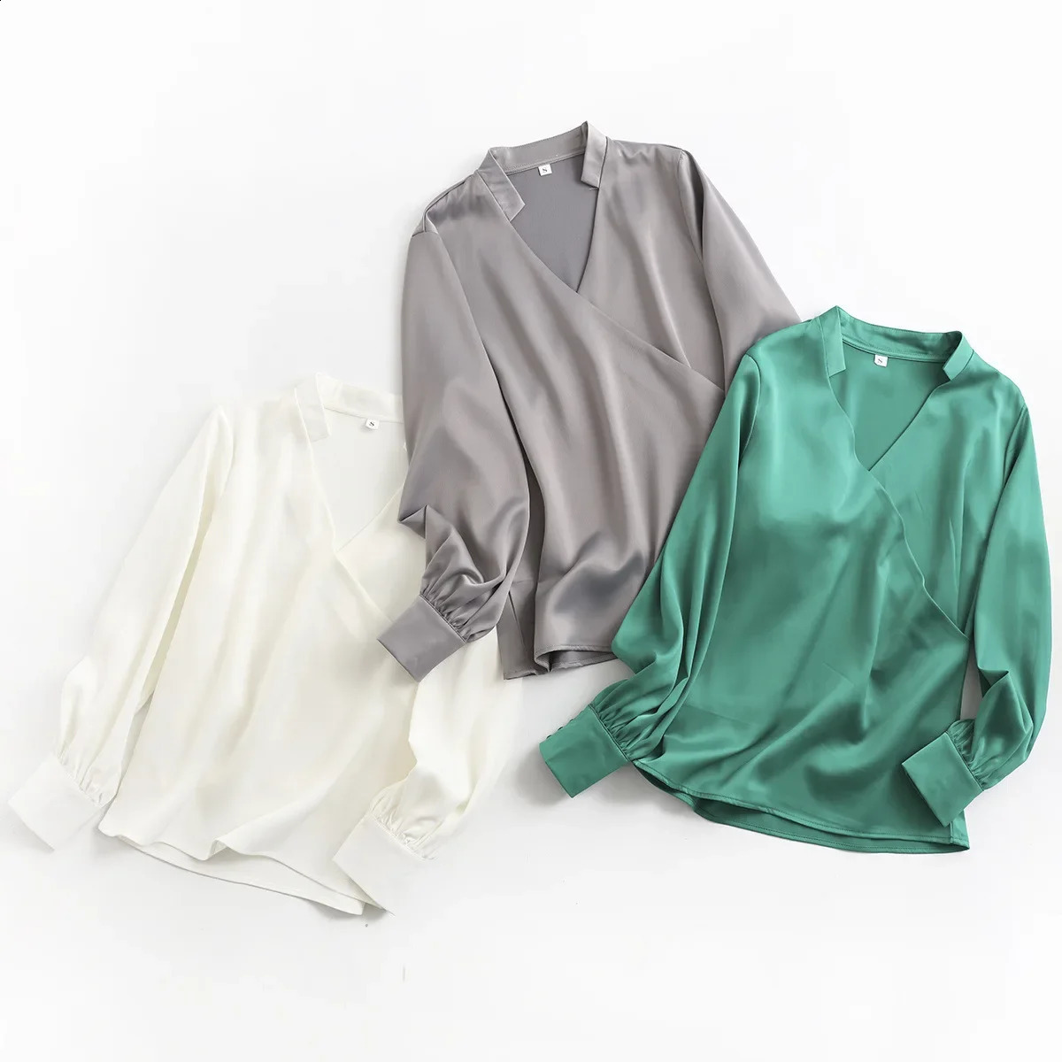 Womens white top satin shirt French highend Vneck bubble sleeve streetwear y ner clothing 240823