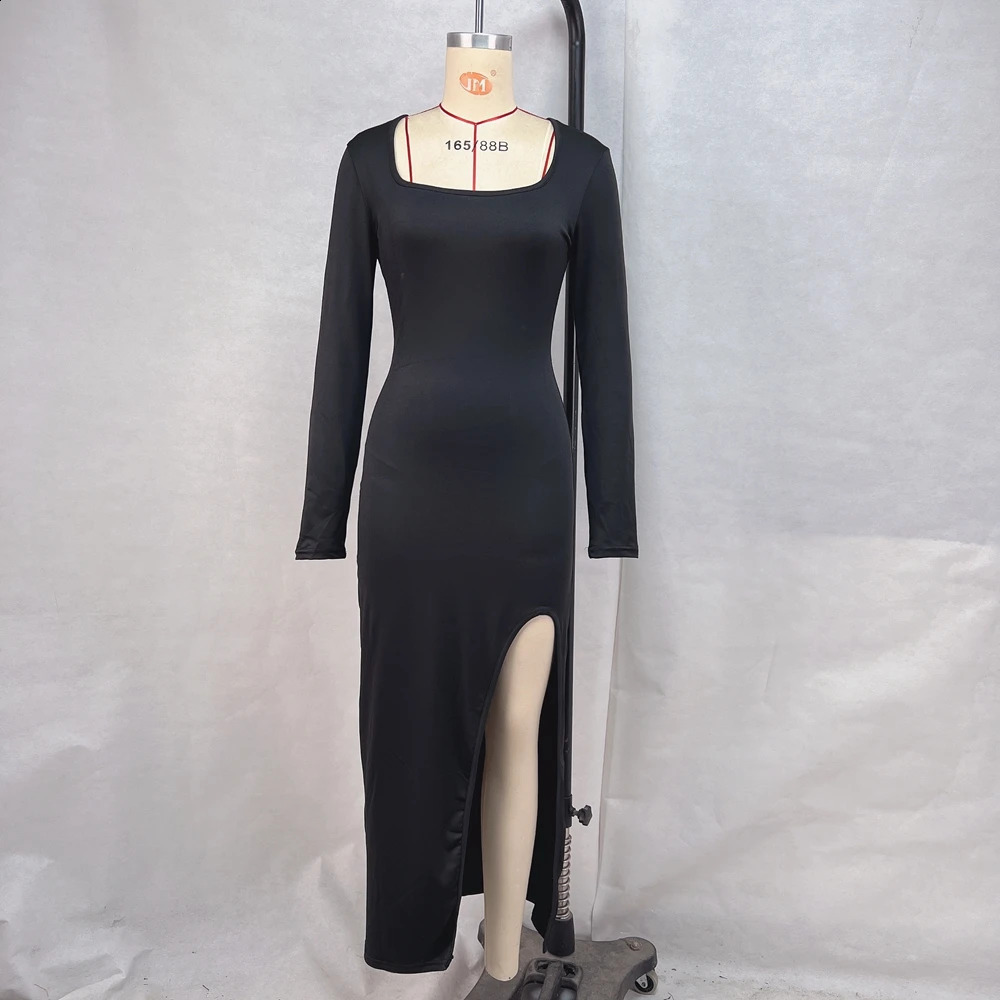 Autumn Fashionable Temperament Square Neck Long Sleeved Solid Color Slit Sexy Slim Fit Dress 240823