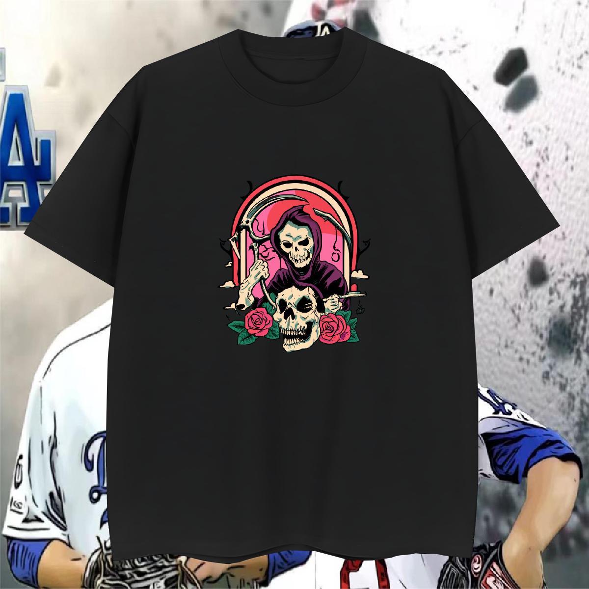 Designer T Shirts Men 230g Pure Cotton skull High Street Hip Hop DIY Printed O-Neck Short Sleeve Men Tshirts 2024 New Tee Shirt
