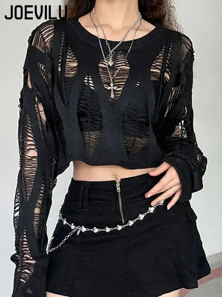 Perforated Hollow Out Knitted Blouse Sunscreen Long Sleeve Top Gothic Dark Black Sexy Thin Sweater Womens Summer Chic Crop Tops 240823