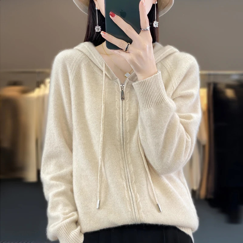 100% Cashmere Sweater For Women Hooded Zippered Cardigan Fashion Cashmere Sweater Women Leisure Sweater Autumn And Winter 240824