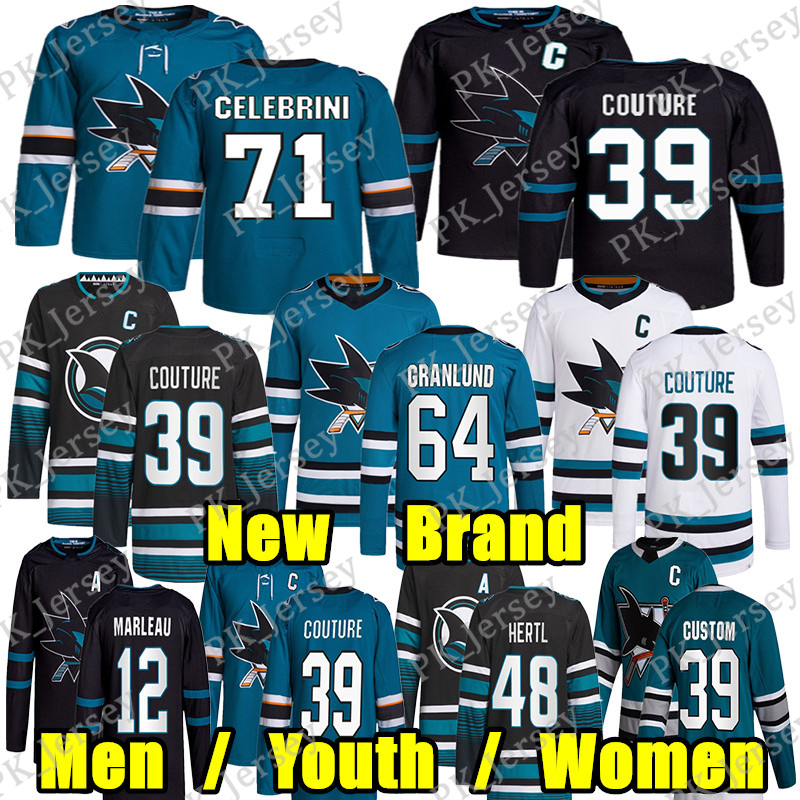 #71 Macklin Celebrini New Brand hockey jersey #39 Logan Couture Nico Sturm Brent Burns Mackenzie Blackwood Granlund Tyler Toffoli Cody Ceci Patrick Marleau jerseys