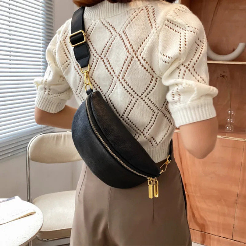Vintage Fanny Pack Woman Banana Waist Bag Wide Shoulder Strap Crossbody Chest Bag Soft Leather Sac Banane Femme 240823
