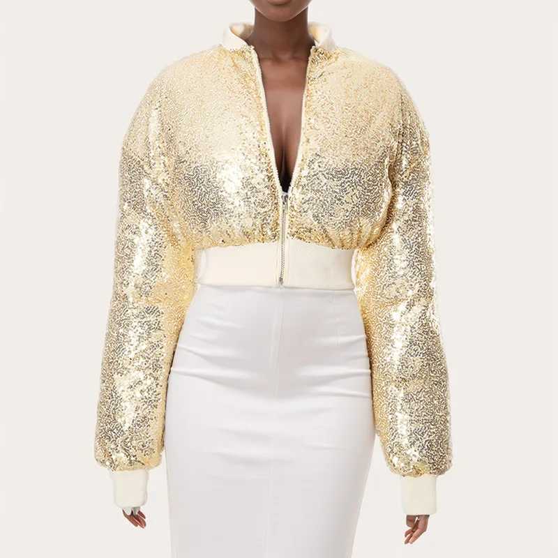 Women's Down Parkas Fashion Women Shiny Gold Sequins Puffer Jacket Cute Warm Bubble Coats Glitter Sequin Parkas Down Zipper Cropped Jackets Parka